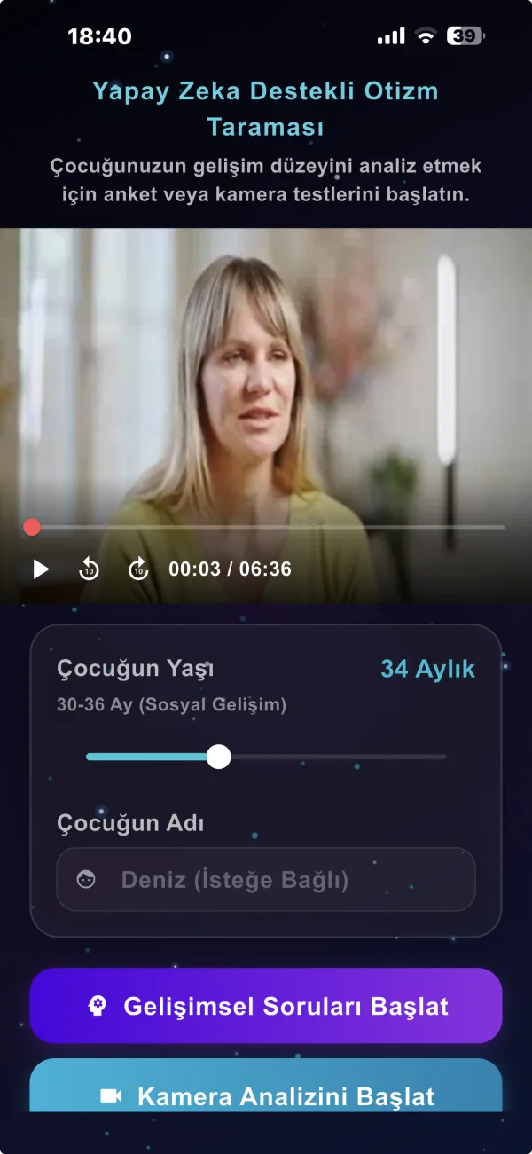 Umut Rotası yapay zekâ destekli gelişimsel ön tarama ekranı