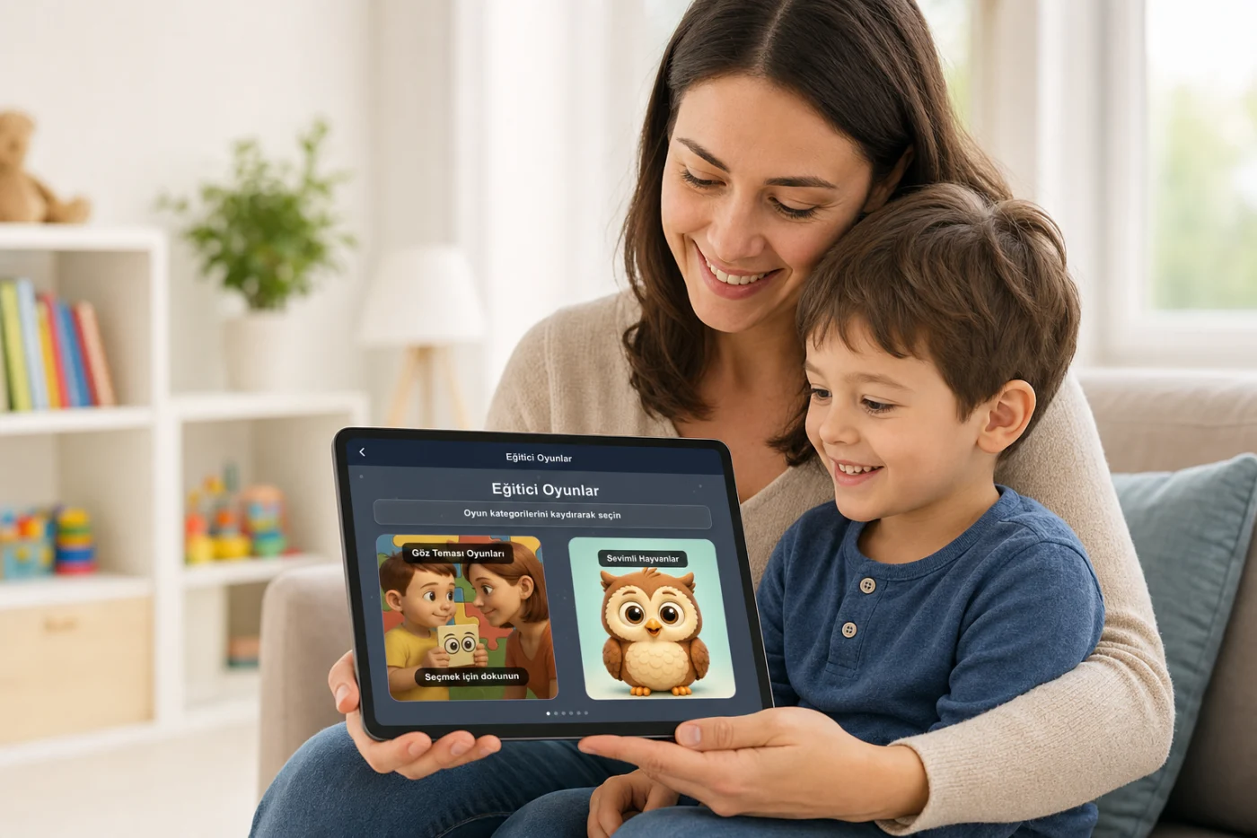 Umut Rotası eğitici oyunlarını tablette birlikte kullanan mutlu anne ve çocuk
