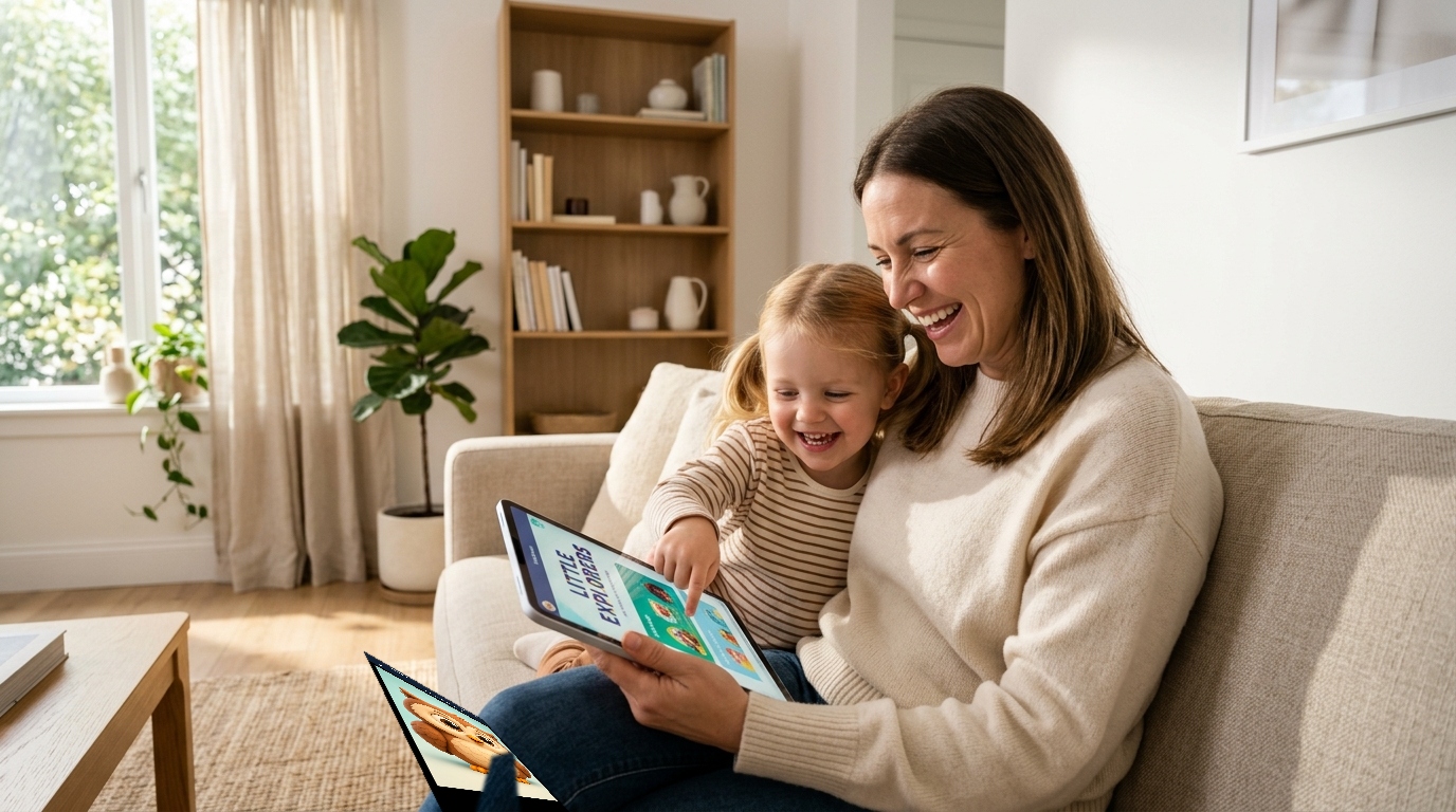 Anne elinde tablet, anne ve çocuk gülümseyerek tablette gerçek uygulama oyununa bakıyor